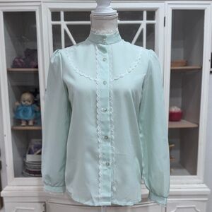 1970’s Secretary Blouse. Polyester. Very light mint green. Cute Western Top.